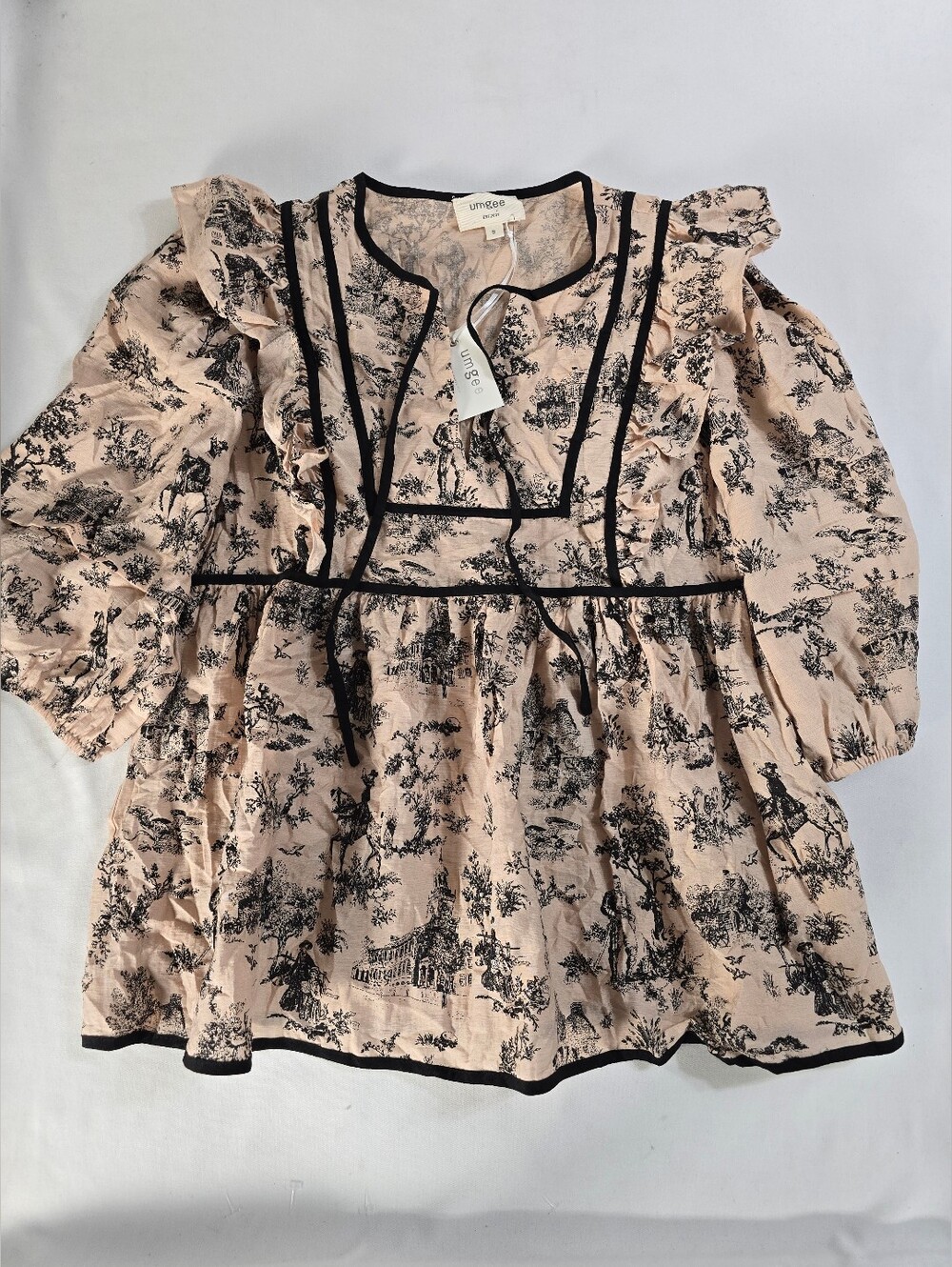 New Umgee Boutique Ruffle Tie Neck Pilgrim Babydoll Top Blouse Toile Fall Vibes